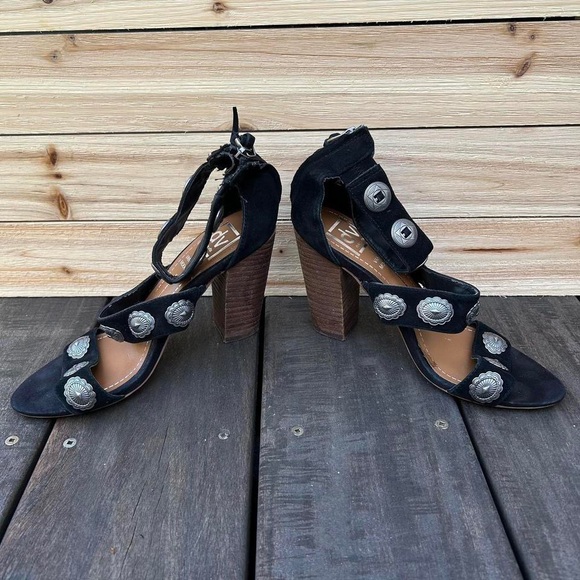 Black Dolce Vita Vanessa Mooney Montey Sandals Suede Ankle Strap Heels w/ Silver - Picture 4 of 7